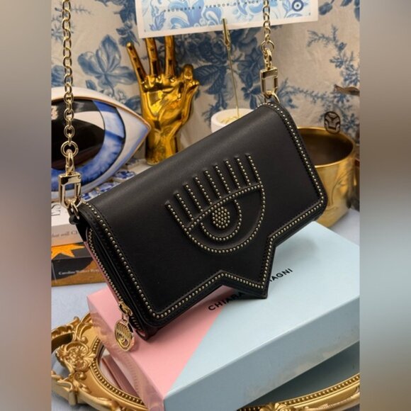 🆕 CHIARA FERRAGNI 🧿 NIB Studded Eyelike Motif Wallet on Chain Link - Black - Picture 5 of 15